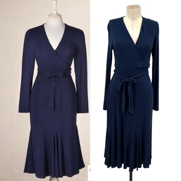 Boden Paris Wrap Dress Long Sleeve Flounce‎ Hem Jersey Navy Blue Size US 8R - Picture 1 of 14